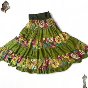 Beautiful green  multicolored tiered ruffle maxi boho floral fairy skirt